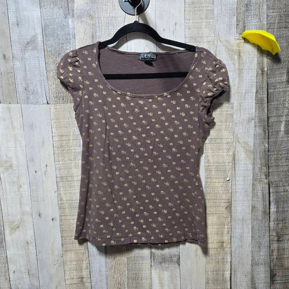 Fang Glam Vintage Y2K Brown Gold Skull Floral Graphic Tee Large Punk Retro Emo